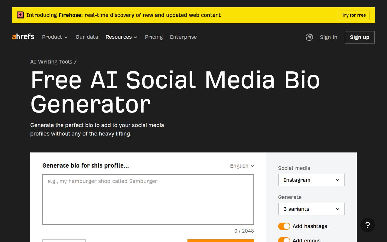 Ahrefs Social Media Bio Generator screenshot